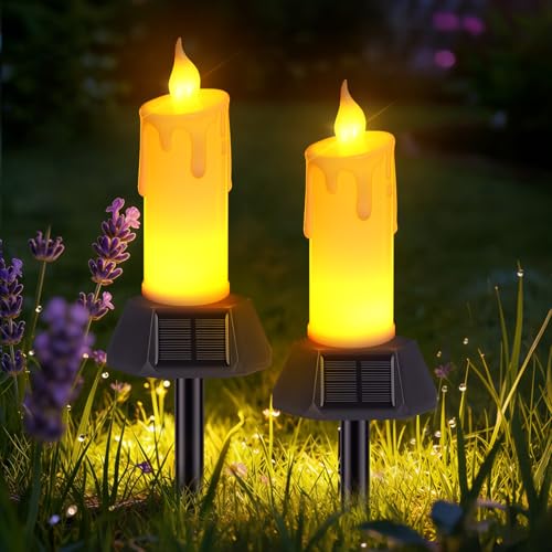 Weddinay Flameless Grave Candles for Cemetery Memorial Remembrance Climbing Flame Candles Solar Powered Waterproof Outdoor Plastic Pillars with Detachable Stake (2 Pack)