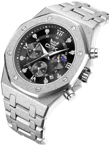 Image of OPK Men Analog Automatic Watches Waterproof Multifunction Chronograph Diamond Moon Phase Luminous Stainless Steel Band Wrist Watches