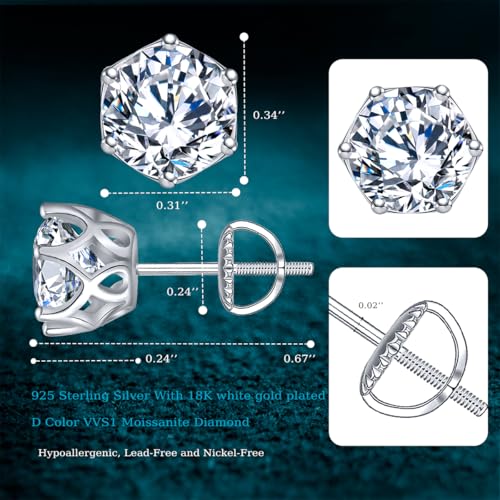 Moissanite Stud Earrings For Women,VVSI D Color 0.6CT-4.0CT Lab Created Moissanite Diamond Earrings,18K White Gold Plated 925 Sterling Silver Stud Earrings For Men2