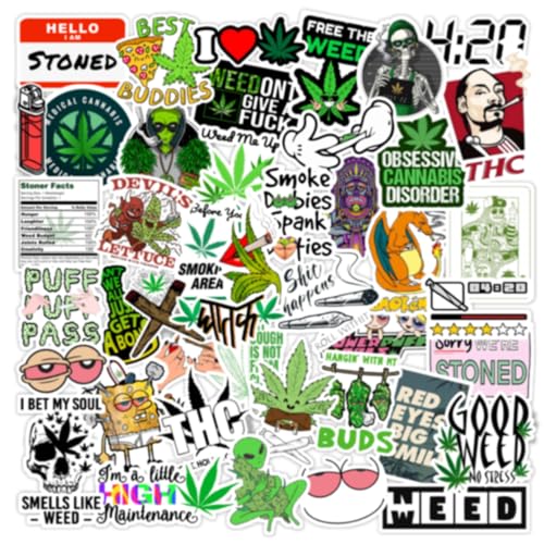 Image of CodersParadise 53-Pack Stoner & Marijuana Stickers | Waterproof, Glossy Laminated, Self-Adhesive Stickers for Laptop, Journal, Diary, Bike Helmet, Guitar & Mobile - 3 Inch