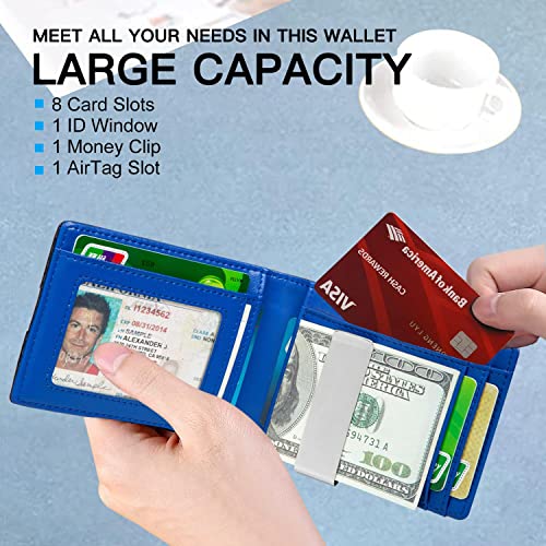 Huztencor AirTag Wallet, Mens Slim Wallet with Money Clip RFID Blocking Bifold Credit Card Holder Case for Apple Air Tag Carbon Fiber Black and Blue3