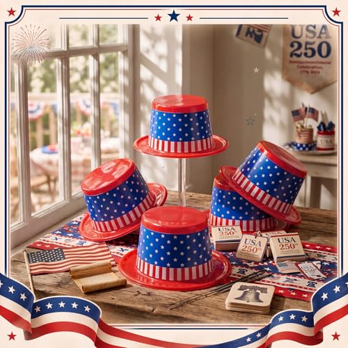 Image of Shyyween American Flag Plastic Hats Patriotic 4th of July USA Party Accessories Red White and Blue Hats for Independence Day