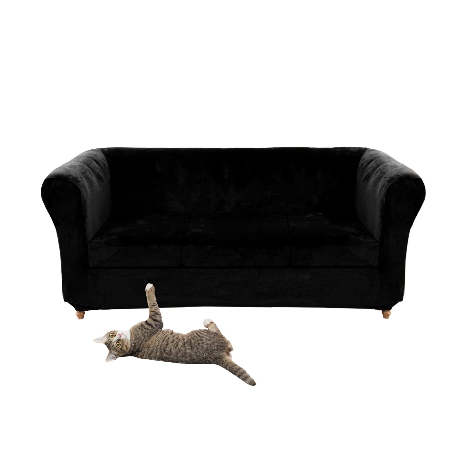 Stretch Velvet Chesterfield Sofa Cover Couch Cover with Seat Cushion Covers for Curved Chaise Armchairs Vintage Style (Black Sofa + 3 Small Seats)