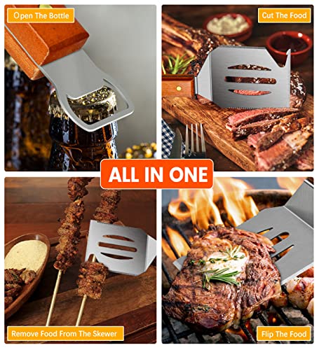 Grill Spatula, Innovative Bbq Spatula All In One Grill Tools With Long Wood Handle, Stainless Steel Bbq Tools For Outdoor Grilling Men And Women, Barbecue Spatula With Silicone Basting Brush #TOP1