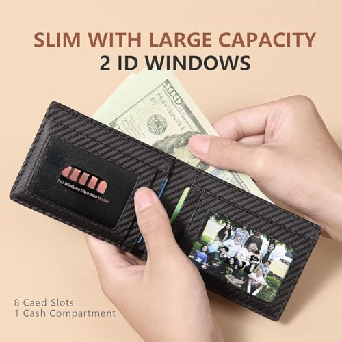 Genuine Leather Wallet for Men Slim RFID Blocking Bifold 2 ID Windows Multiple Card Slots Gift Box Present (Black)2
