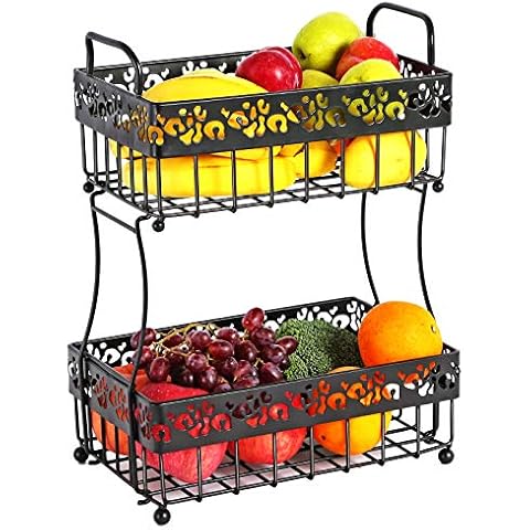 Kasunto 2-tier fruit basket for kitchen, Metal and wooden pallets easy to install and detachable countertop fruit holder,Suitable for storing fruits, snacks, vegetables, bread(Kasunto Fruit basket 3) Cover