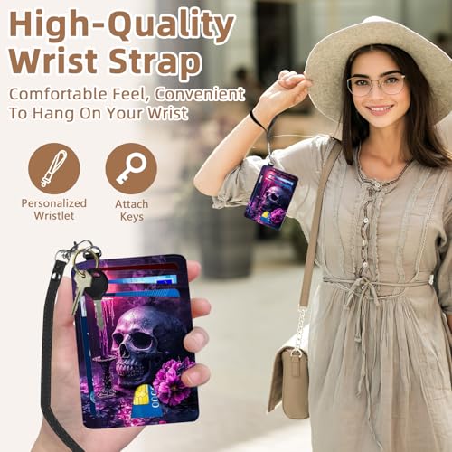 Credit Holder Slim Wallet, PU Leather RFID Blocking, Women & Men Front Pocket Small Card Holder, Credit Card Wallet with Wristlet, Convenient Travel Business, Skull Flowers and Candle3