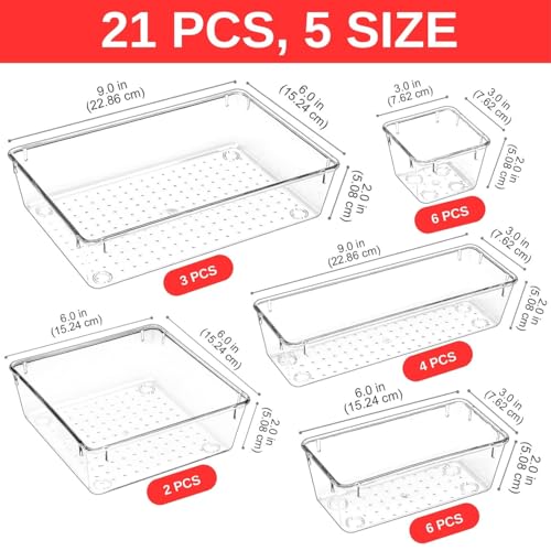 Image of Aliensware 21Pcs Transparent Drawer Organizer, Versatile Bathroom and Vanity Organiser,Storage Bins for Makeup Cosmetics,Jewellery,Kitchen,Bathroom,Bedroom,Office,Gadget