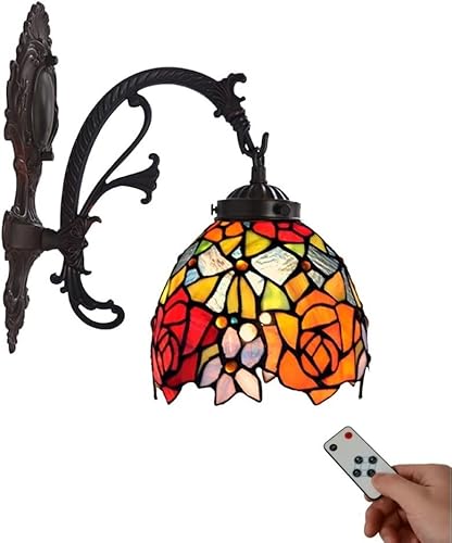 Lámpara de pared LED estilo Tiffany con pilas, con control remoto, estilo rústico, vintage, sin alambre, lámpara de pared regulable para pasillo,