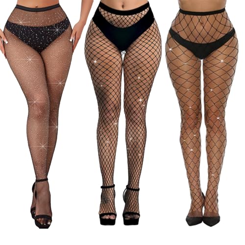 QSZHSL 3 Stück Strass Netzstrümpfe Netzstrumpfhosen Schwarz Strumpfhose mit Hoher Taille Damen Netzstrumpfhosen Netzstrumpfhose Glitzer Sexy Hohe Strümpfe Strumpfhosen Netzstrumpfhosen