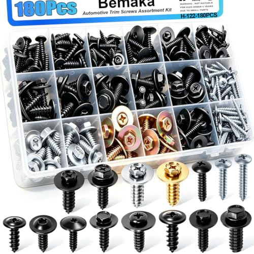 Image of 180Pcs Car Body Trim Screws Assortment Kit, 15 Sizes Automotive Trim Screws with Phillips Round Head Self Tapping Screw Assortment Kit, Metal Screws Retainer Clips for Bumper Door Fender