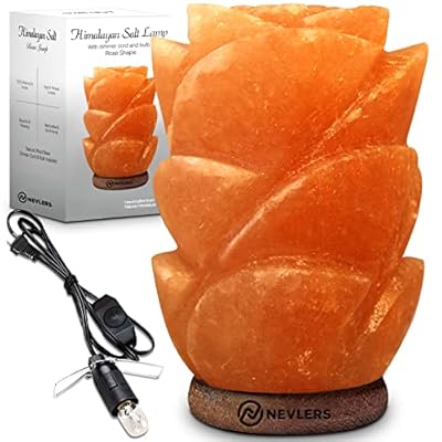 Nevlers Rose Shape Pink Himalayan Salt Lamp with Beautiful Wood Base -Hand Crafted Salt Rock lamp | Himalayan Pink Salt Lamp Includes Dimmer and Light Bulb| Pink Himalayan Salt Lamps for Home & Office