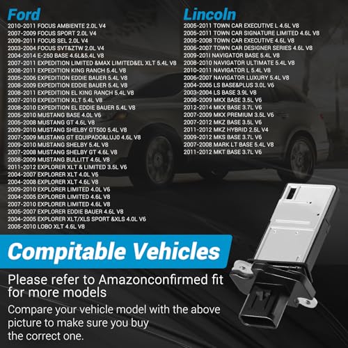 Image of Mass Air Flow Sensor 3L3A-12B579-BA, MAF Sensor Fit for Ford F150 /F250 /E150 /E250 /Crown Victoria /Taurus /Escape /Mustang /Edge /Escape /Ranger, etc, Mass Airflow Sensor OEM Fit for Mazda /Lincoln /Mercury