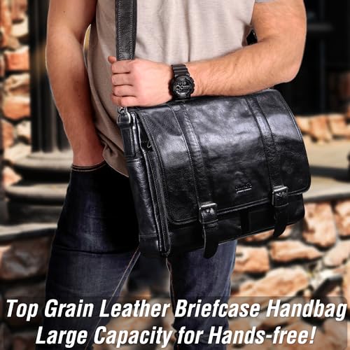 Image of Top Grain Leather 14.2 inch Laptop Briefcase Crossbody Handbag, Vintage Design & Multi Pockets, Fits to MacBook Pro /Air 14 inch /13.3 inch /13.6 inch 2021 2022 M1 Pro /M1 Max & A4 /A5 Paper, Black 14.2 Inch