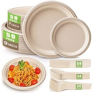 Gezond 250pcs Compostable Paper Plates Set – Further Lengthy Utensils, Biodegradable Plates Heavy-Obligation Paper Plates Cutlery Disposable Dinnerware Set for Occasion Tenting Picnic Made from Sugar Cane Fibers