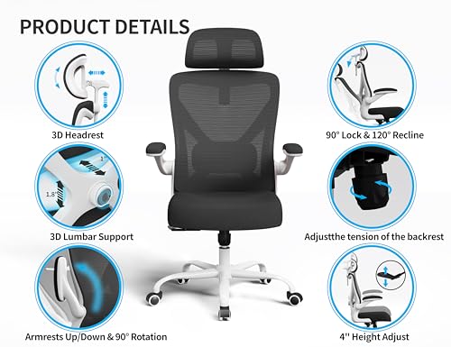 Image of Ergalithic Ergonomic Office Chair - Computer Desk Chair with Adjustable Lumbar Support - 300lbs Executive Desk Chair High Back with Headrest Flip-Up Arms for Long Hours, Rolling Chair (White Black)