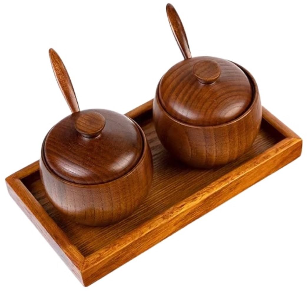 AZHKJKZH Seasoning Box Set Seasoning Jar Set With Lids And Spoon Wooden Spice Jars For Condiment Storage Salt Salt Sugar Jar(2 Pieces)