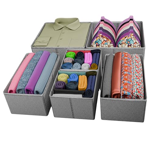 Image of Skrill Non-Woven 6-Piece Foldable Clothing Storage Box Set | Cube Baskets, Bins & Dividers for Closet & Dresser Drawer Organization | Storage for Shirts, Pants, Underwear, Bras, Socks & More (Grey)