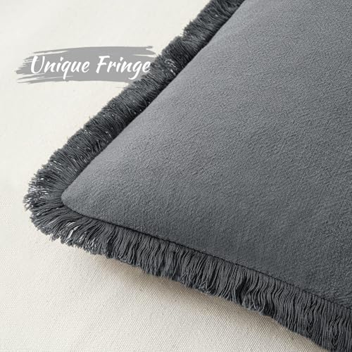Image of MIULEE Decorative Throw Pillow Covers Neutral Linen Fringe Throw Pillows Euro Shams Set of 2 Dark Grey Boho Farmhouse Cushion Covers for Couch Sofa Bed Living Room Spring Home Decor 24x24 Inch