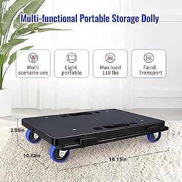 Furniture Dolly,Moving Dolly 4 Wheels Heavy Duty,16in-11in 500lbs Capacity,Furniture Movers Dollys with Wheels,4 Wheels Small Flat Dolly Cart, 2 Pack, Black,Blue Wheel