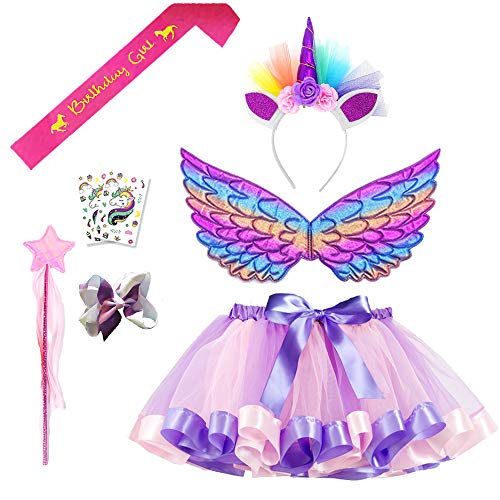 Daisyformals Unicorn Rainbow Tutu Skirt (8 Pack) for Little Girls Dress Up with Unicorn Headband and Wings