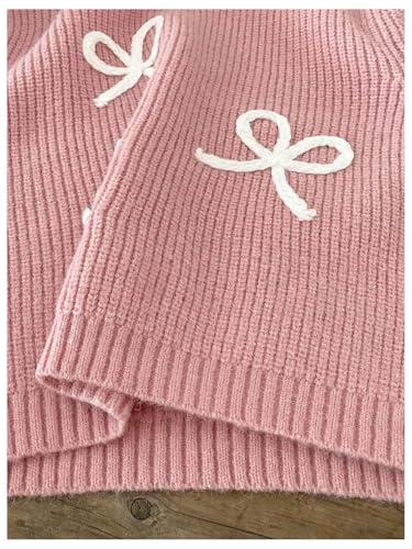 Image of BEAUDRM Girl's Cute Bow Sweater Crew Neck Long Sleeve Drop Shoulder Loose Pullover Tops