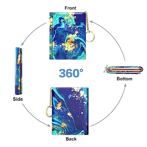 Image of Rouidr Womens Wallet, Small Slim RFID Card Wallets for Women, Cute Front Pocket Trifold Leather Card Organizer with 7 Slots & ID Window, Ocean Teal Marble