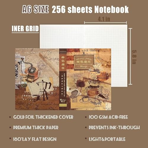 Image of VIBE VISTA Vintage Aesthetic Scrapbook Kit, 346 Pcs, A6 Grid Notebook, Washi , Envelopes, Folding Labels, Background Papers, Photo Frames, Calendar Stickers (Coffee Bazaar, Coffee)