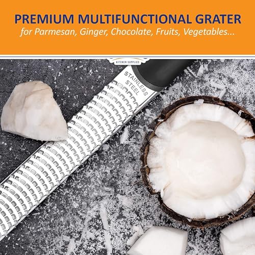 Image of Lemon Zester Grater with Handle, Kitchen Tool for Zesting Citrus Fruits & Finely Grating Parmesan Cheese, Garlic, Ginger, Coconut, Chocolate, Stainless Steel (Black-1)