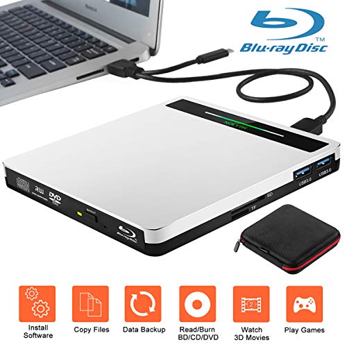External Blu Ray Drive USB 3.0 Type-C 5 in 1 Blueray CD DVD Drive Player Burner for Laptop Mac PC MacBook Pro Air Windows 10 Desktop