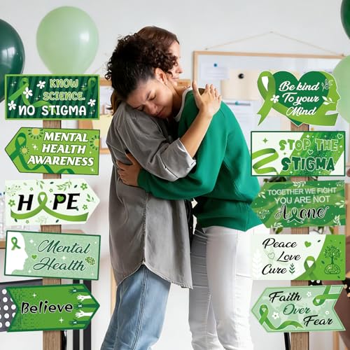 Image of Hooqict 20 Pieces Mental Health Awareness Decorations Signs Motivational Inspirational Green Ribbon Party Directional Sign for Mental Health Awareness Month Therapy Counseling Office Decorations