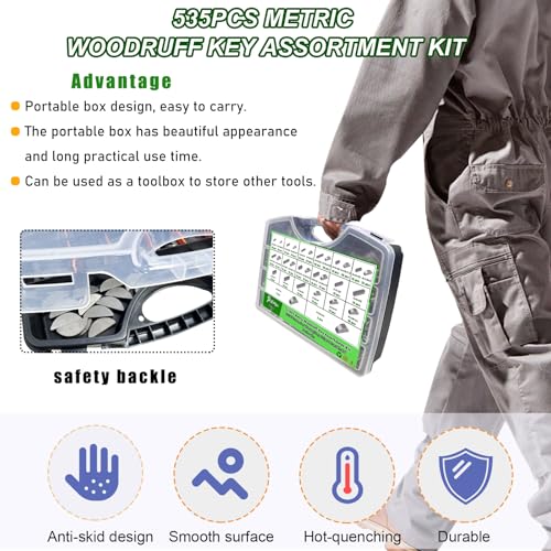 Image of 535PCS Metric Woodruff Key Assortment Kit,30 Sizes Include 220PCS Carbon Steel Woodruff-key, 315pcs Round Ended Feather Kit for Fastening Connection