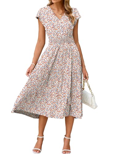 Image of BerryGo Women's Floral Boho Ruffle Summer Midi Dress Short Sleeve V Neck Empire Waist Swing Flowy Dress