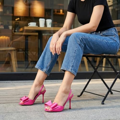 Image of Satin High Heels Slingback Open Toe Mules Sandals Bow Stiletto Sexy Heels Comfortable Wedding Party Shoes