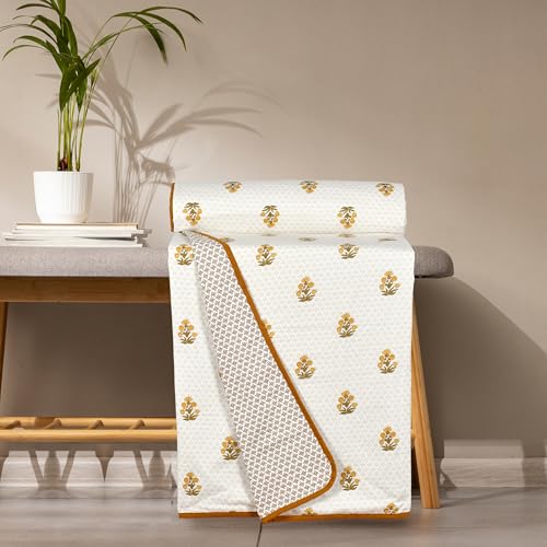Image of Danip Pure Cotton Reversible AC Dohar Blanket, Throw - Printed Soft, Skin-Friendly, Lightweight & Ideal for All-Weather - 3 Layered Double Bed Dohar for AC Rooms (86 x 94 Inches) - White & M Yellow