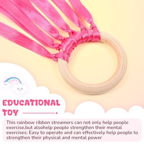 Image of Junkin Ribbon Rings Hand Kite Waldorf Toys Dancing Wrist Ribbons Rainbow Streamers with Wood Ring Educational Toy for Playroom Dancing Birthday Party Gift(Solid Color,24 Pcs)
