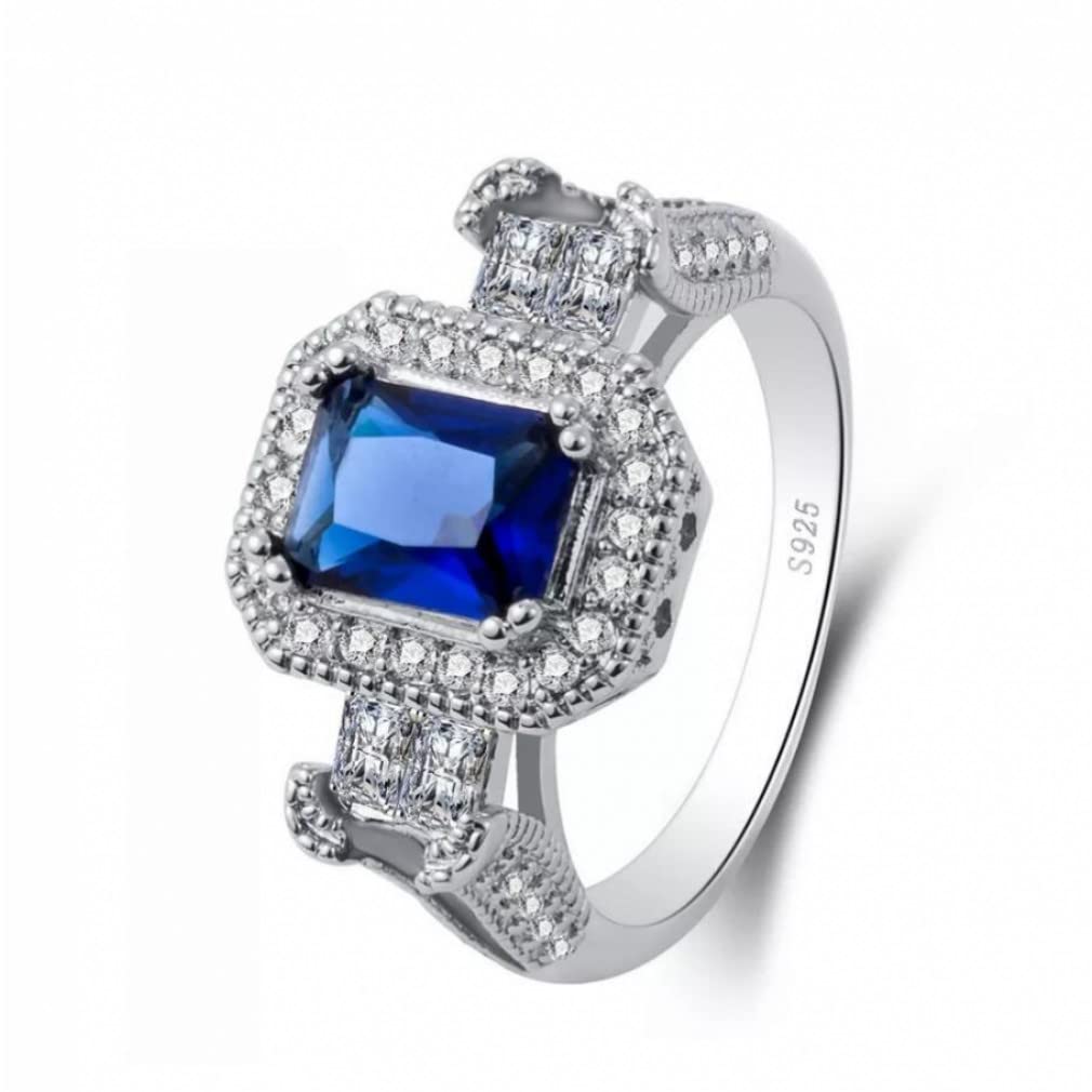 Blauer rechteckiger Zirkonia -Ring aus reinem 925er Sterlingsilber Schöner Jahrestagsring für Frauen