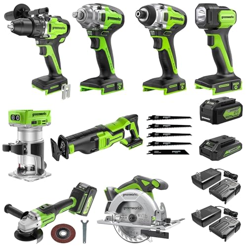Greenworks 24V 8pcs Combo Kit,(2) Batteries & (2) Chargers. 800in/lb Drill, Impact Driver,Wrench,...