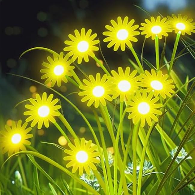 Solar Outdoor Lights (2-Pack, 12 LEDs), Solar Garden Lighting, Outdoor Decorations, Daisy Light for Backyard Porch Balcony Party Decor, Unique Gifts (Warm White)