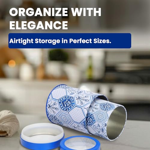 Image of Maroc Collection Airtight Kitchen Container Set| 450ML+1100ML- Set of 4| Food Grade Metal Jars for Spices, Cookies & Dry Food Storage| Vacuum Lid, Rust Resistant, Moroccan Blue Canisters