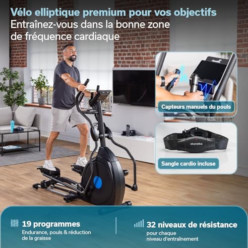 Skandika Vélo elliptique Carbon Champ, Vélo elliptique Pliable, 32 Niveaux de Résistance, 19 Programmes, Frein Magnétique, Écran LED, Bluetooth, Kinomap, Masse d'inertie 24KG, Max 150KG – Image 6