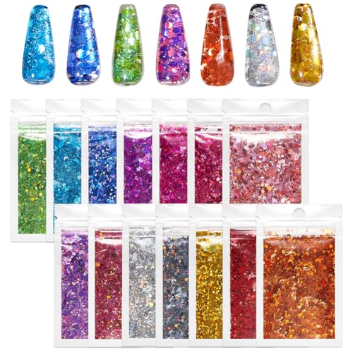 14 Colors Nail Art Glitter Nail Sequins Glitter Metallic Shining Flakes Hexagonal Sequins Manicure Tips Nail Sequins for Nail Art DIY at Home Nail Decorations