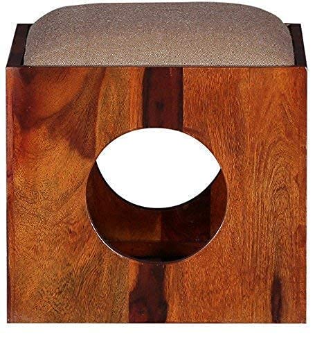 Image of Solid Sheesham Wood Coffee Table Set with 4 Cushioned Cube Stools for Living Room | Space Saving Center Table with Nested Seating | Modern Wooden Tea Table Furniture for Home & Office, Natural Teak