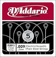 5 single electric/acoustic guitar strings .009 gauge Made from plain steel Strings packaged in resealable Corrosion Intercept bag for guaranteed freshness Made in USA by D'Addario, New York.