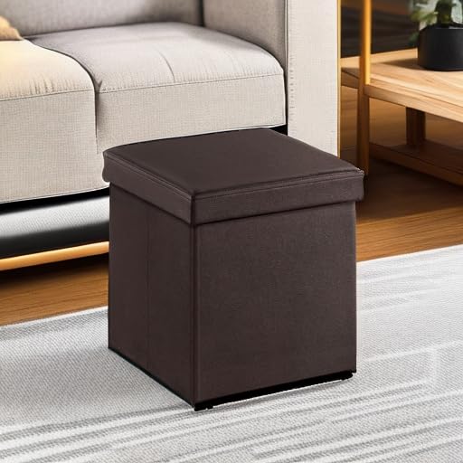 Image of SONGMICS MAZIE Collection - 15 Inches Ottoman with Storage, Footstool, Storage Ottoman, Load 660 lb, for Dorm, Living Room, Bedroom, Synthetic Leather, Brown ULSF10B
