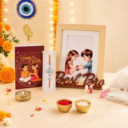 Image of Art Street Rakhi Gift Combo with Best Bro Wooden Photo Frame, Designer Rakhi, Greeting Card, Roli Chawal | Raksha Bandhan Gift Hamper for Brother | Personalized Gift Set