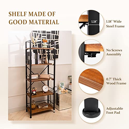 Crofy Rustic Bookshelf, 5 Tier Real Wood Bookshelf, Metal Book Shelf For Storage, Bookcase For Office Organization And Storage, 12.6 D X 23.62 W X 64.17 H Inches, Black #TOP3
