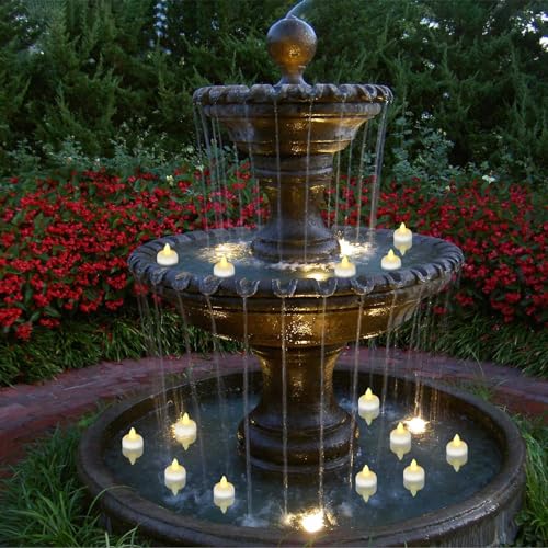 Image of 12 Pack Flameless Outdoor Waterproof LED Floating Tea Lights | Battery operated electric tealights, water-activated warm white flickering candles for wedding centerpiece pool decorations