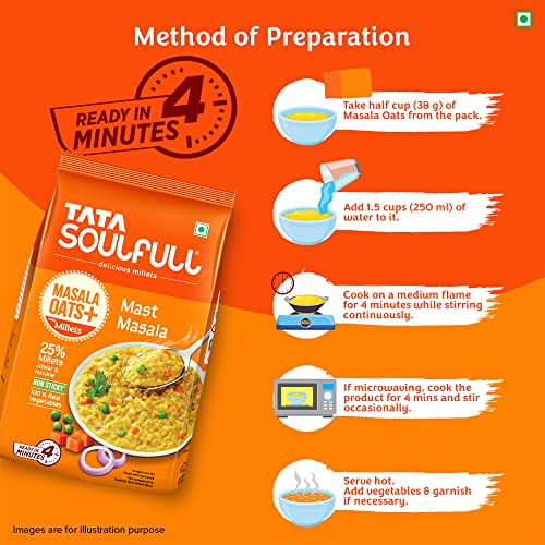 Image of Tata Soulfull Masala Oats+ With Millets, Mast Masala, 500g, Real Vegetables, 25% Millets, Non Sticky , Evening Snack, Healthy Snack