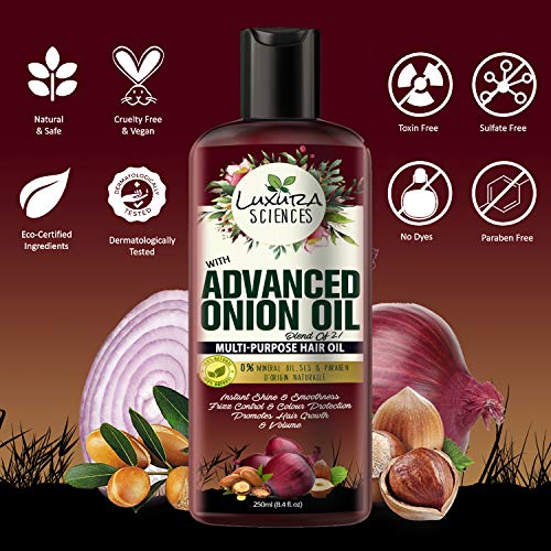 Image of Luxura Sciences Advanced Onion Hair Oil For Hair Growth 250ml, Hair Stimulant with 21 Proven Natural Ingredients. Free From Mineral Oil, Silicones & Parabens.